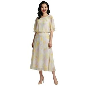 ModCloth Yellow Floral Chiffon‎ Midi Dress Flutter Cape Sleeve Size M NEW